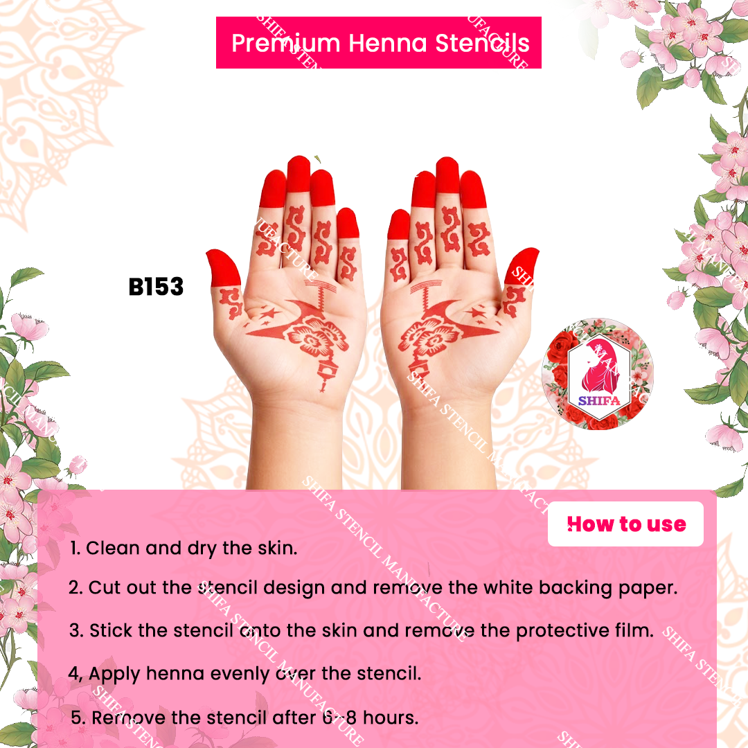B153 (age 5 to 10) Starry Crescent Lantern Bloom Double Hand Henna Stencil